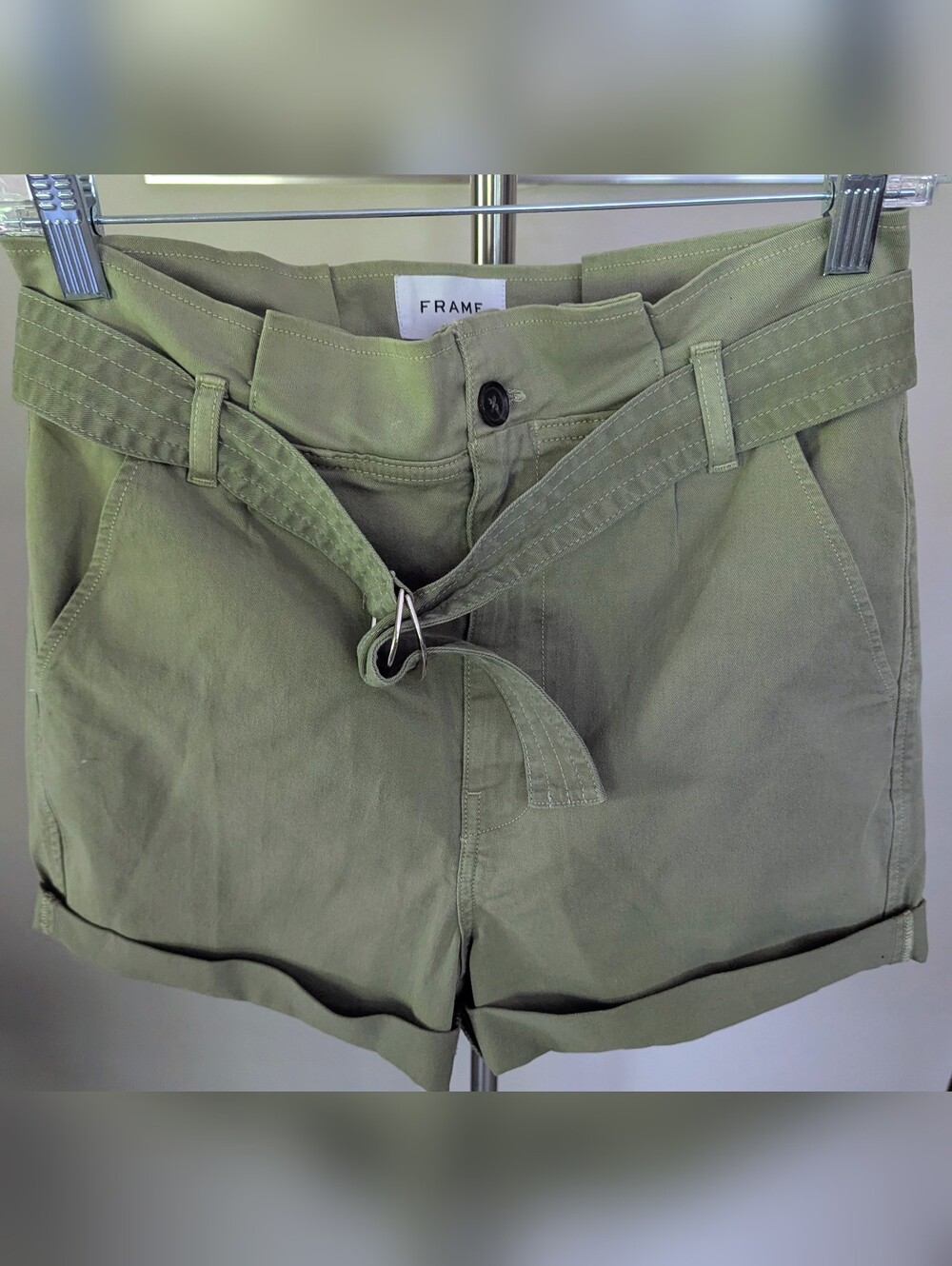 FRAME Washed OD Olive Green Safari Belted Utility Shorts High Rise Size 26 $20